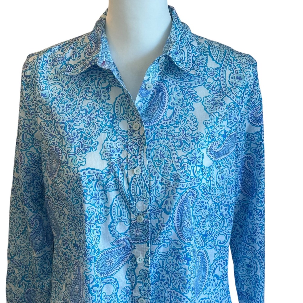 Talbots Petite Shirt Women's MP Blue White Paisley Print Button Down Shirt Top - Picture 2 of 10